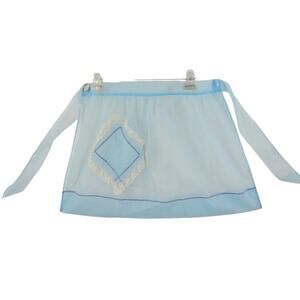 Vintage 1950s Blue‎ Sheer Applique Half Hostess Apron Cottage Coquette Gift